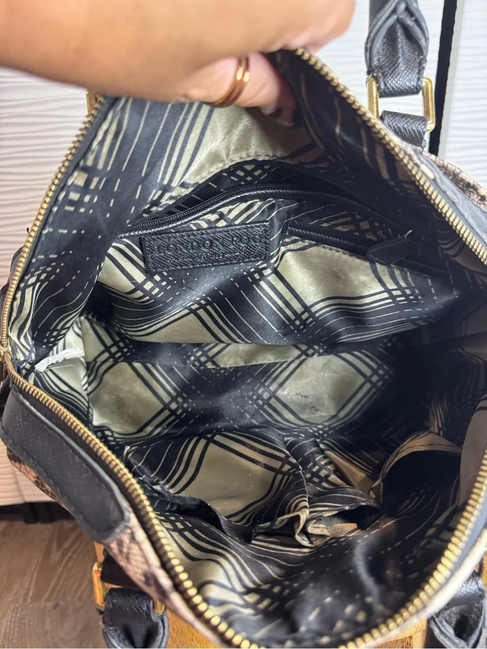 London Fog Black and Beige Python-Print Dome Satchel